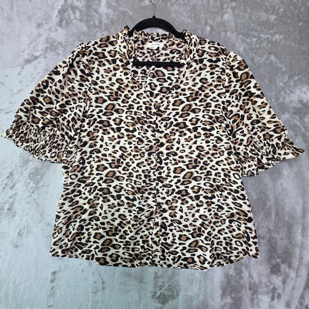 Pleione Leopard Print Button Front Blouse XL Tan Brown Smocked Short Sleeve